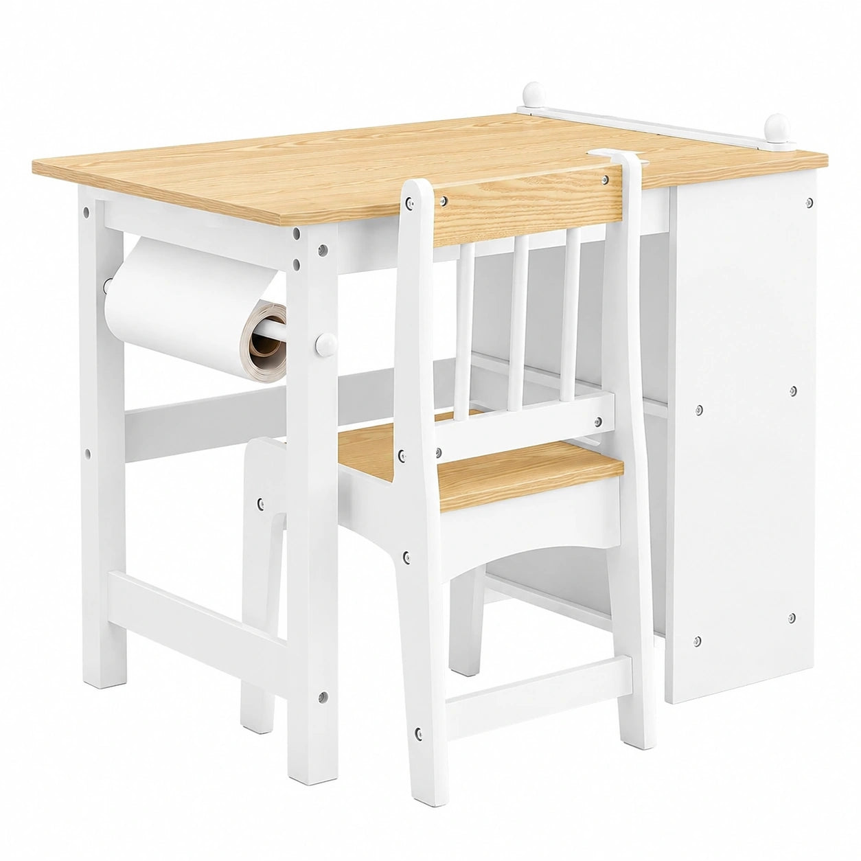 Set Tavolo e Sedia per Bambini con Ripiani, Multiattività, Colore Bianco e Naturale