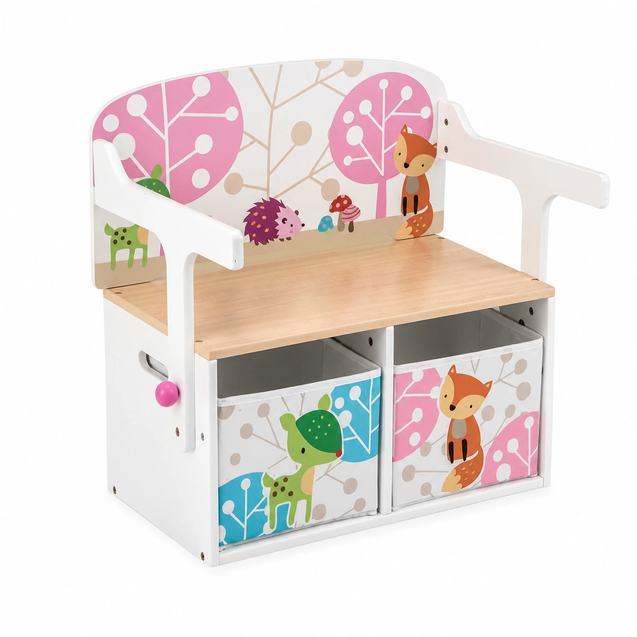Set per Bambini 3 in 1 con Tavolo, Sedia e Cassapanca, Include 2 Cesti per Giochi, Bianco