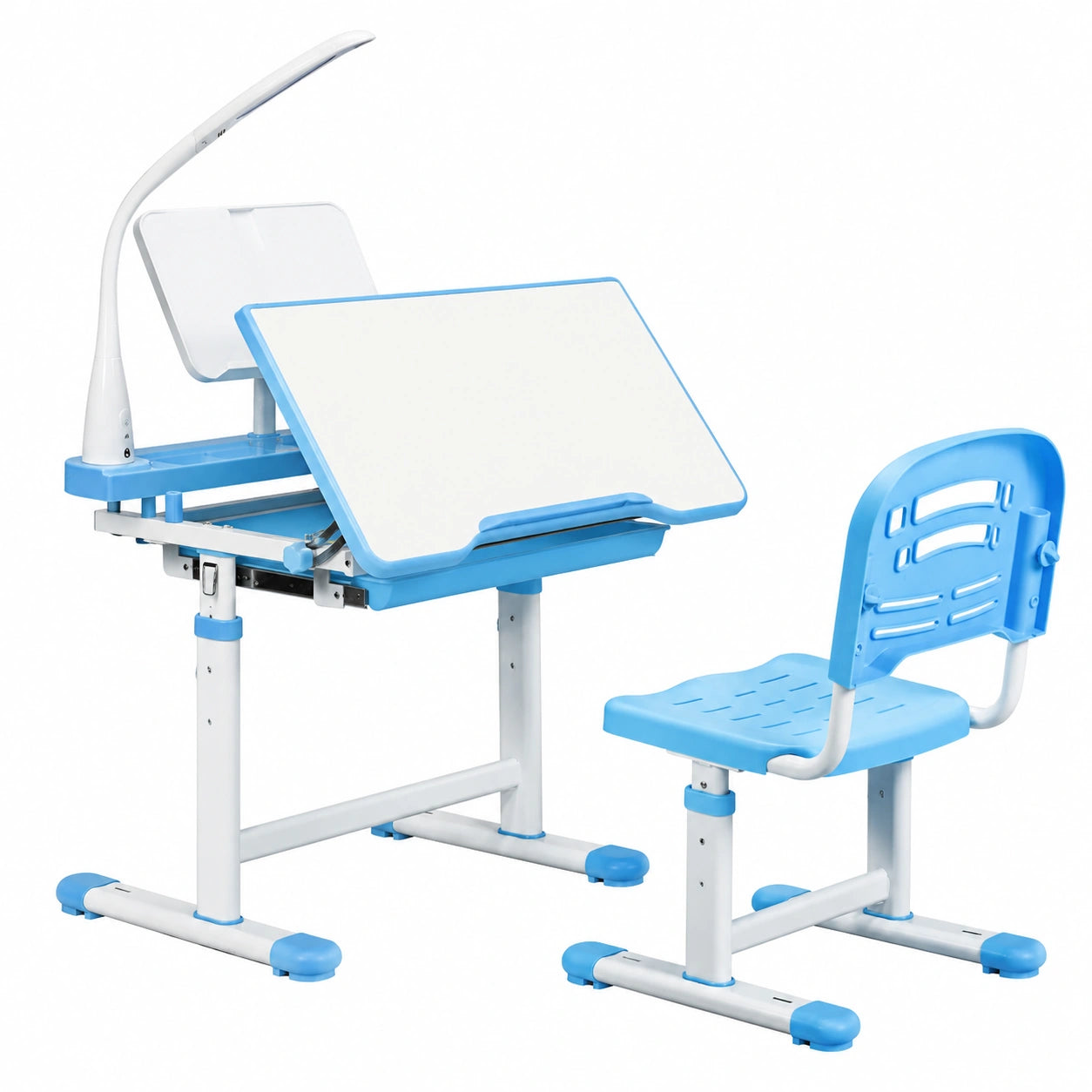 Set Scrivania e Sedia Regolabile per Bambini con Lampada e Porta Libri, Blu