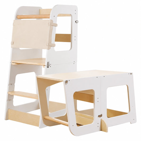 Torre di Apprendimento Montessori 2-in-1 per Bambini | Legno Naturale Convertibile in Scrivania e Sgabello - Sicura ed Educativa, 12 Mesi+