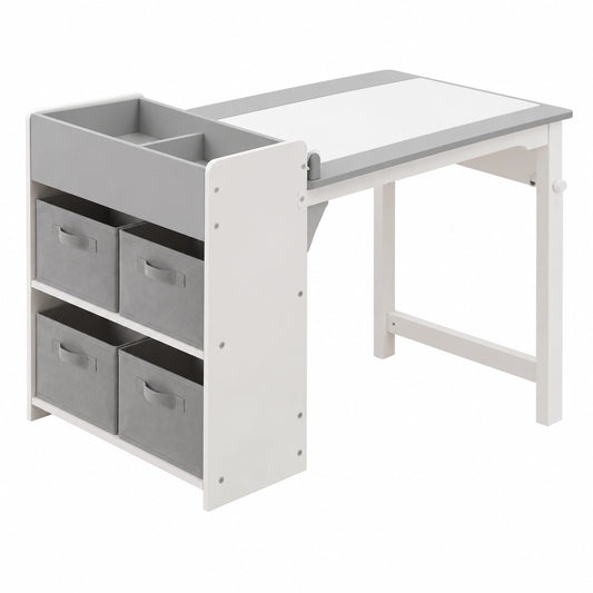 Set Tavolo e Sedie per Bambini, Legno con Rotolo Carta, Montessori 3-8 Anni, Multiuso per Attività, Grigio/Bianco
