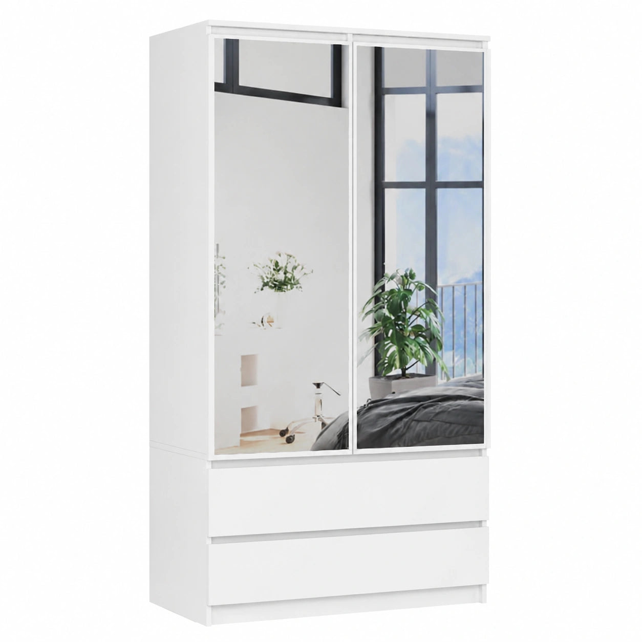 Armadio con Specchio e Due Ante, 90 cm, 2 Cassetti, Ripiani e Barra Appendiabiti, Bianco