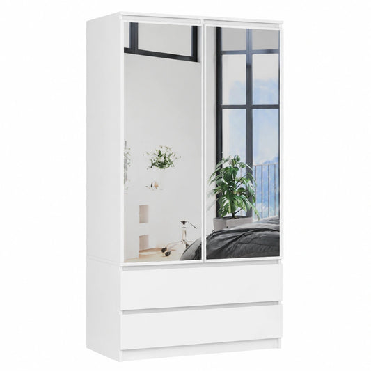 Armadio con Specchio e Due Ante, 90 cm, 2 Cassetti, Ripiani e Barra Appendiabiti, Bianco