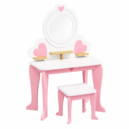 Tavolo Cosmetico per Bambini con Sgabello e Specchio Rimovibile, Set Cuore 2 in 1, Scrivania Rosa 50x33x91cm