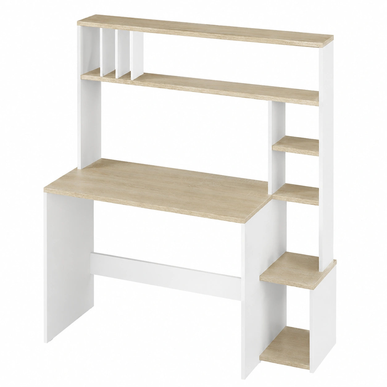 Scrivania Bianca con Libreria e 5 Ripiani, Tavolo per Computer Ufficio 113x45x139 cm