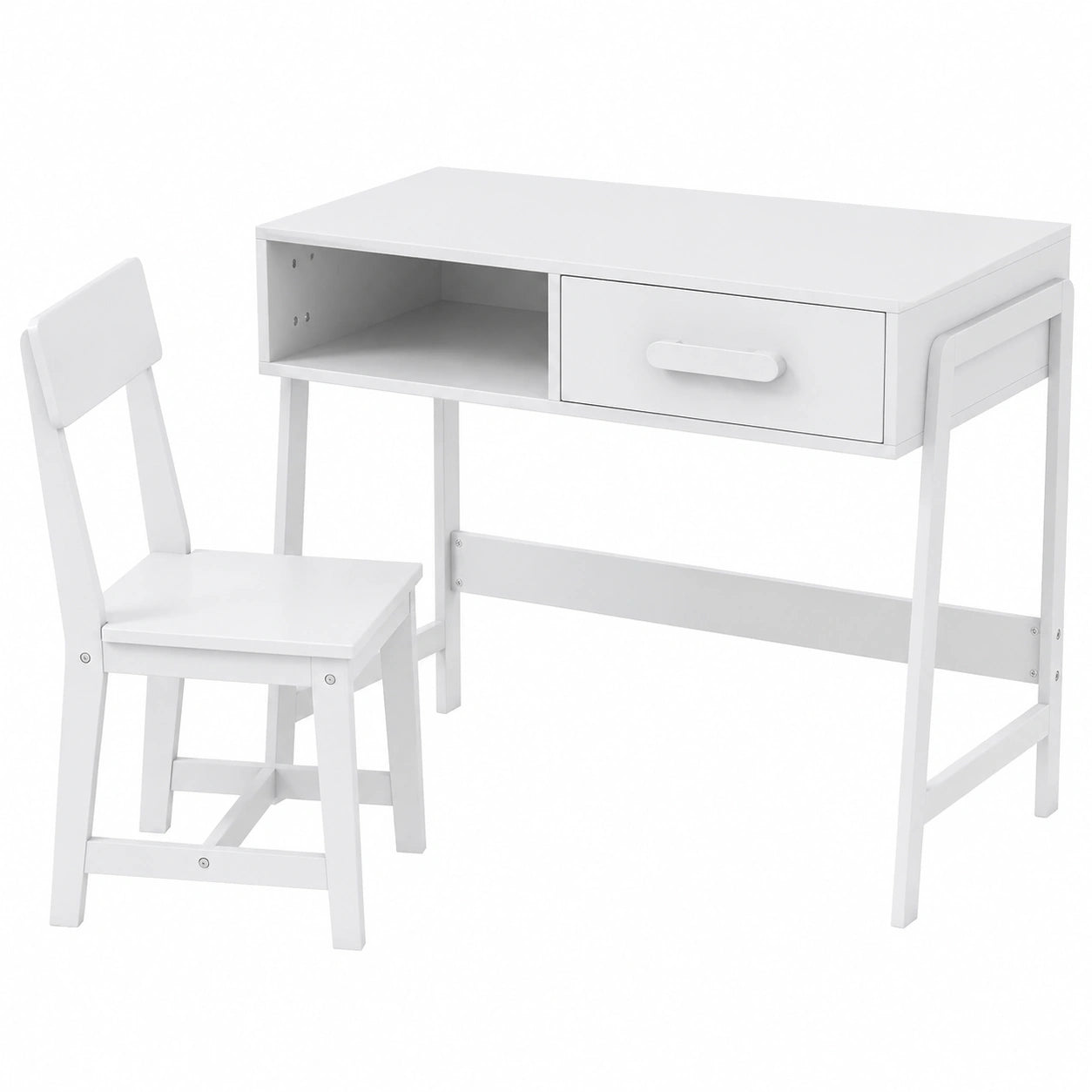 Set Tavolo e Sedia per Bambini in Legno con Cassetto, Scrivania Ergonomica per Studio e Disegno 3+ Anni (Bianco)