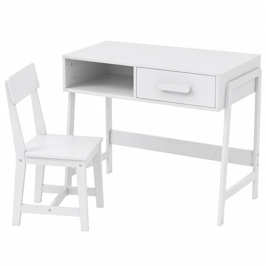 Set Tavolo e Sedia per Bambini in Legno con Cassetto, Scrivania Ergonomica per Studio e Disegno 3+ Anni (Bianco)