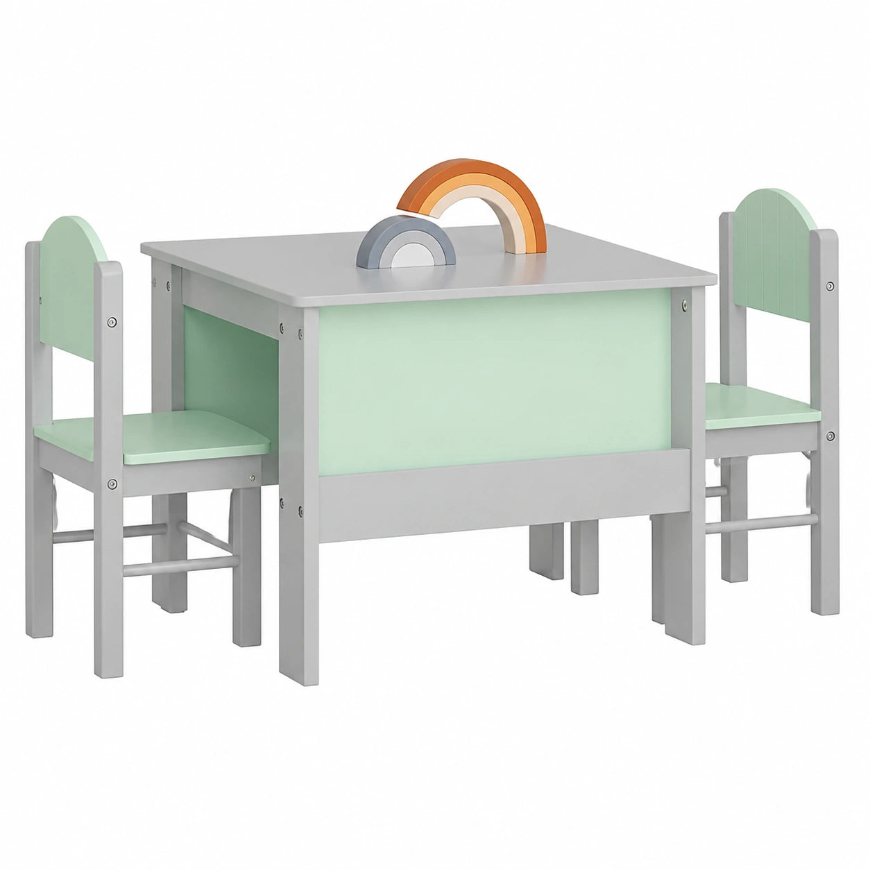 Set Tavolo e Sedie per Bambini con Ripiani - Colore Grigio Chiaro e Verde