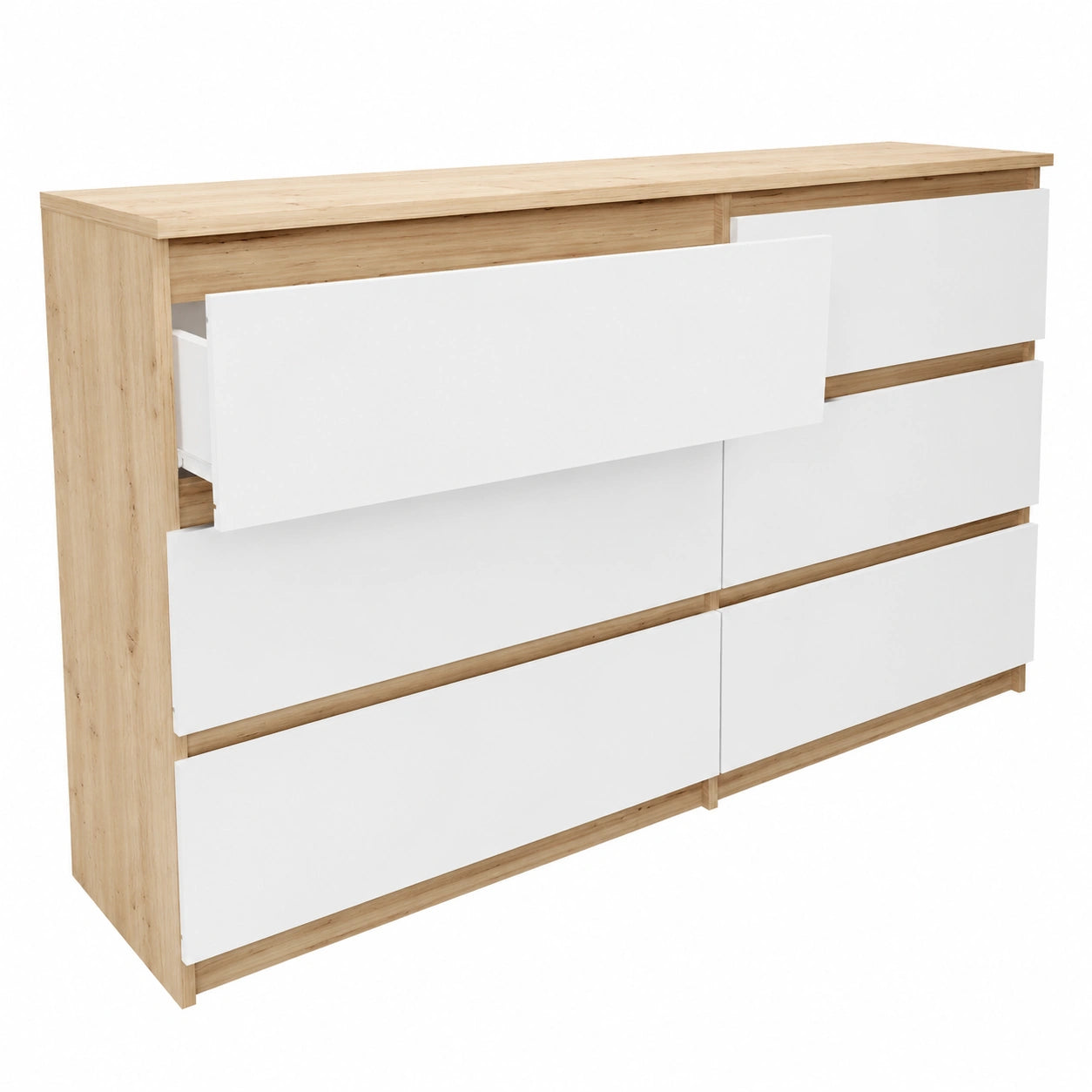 Cassettiera Moderna a 6 Cassetti in Rovere Bianco, Senza Maniglie, per Camera o Soggiorno