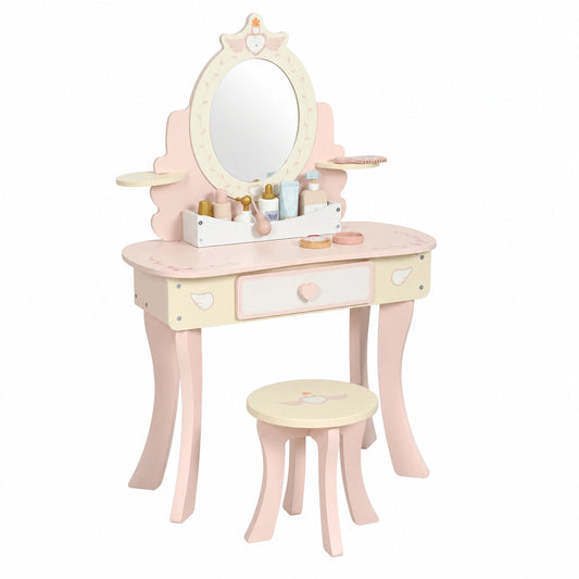 Tavolo da Toeletta Convertibile per Bambini con Specchio e Sgabello, Include 7 Accessori, Colore Rosa