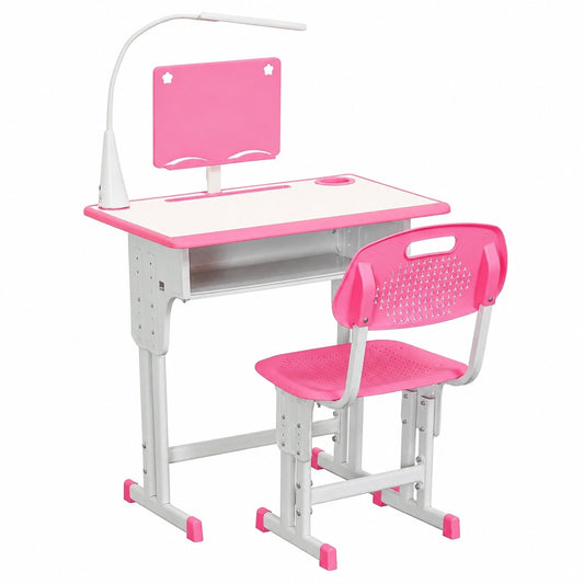 Set Scrivania Regolabile per Bambini con Lampada LED e Mensola - 6-12 Anni, Rosa