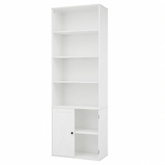 Libreria Moderna in Legno con 6 Ripiani e Armadio a Ante, 60x24x180 cm, Bianco
