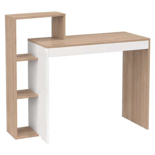 Scrivania multifunzionale per computer con mensole, 110x40x91 cm, finitura teak e bianco