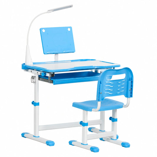 Scrivania Regolabile per Bambini con Sedia, Luce LED e Piano Inclinabile, 6-12 Anni