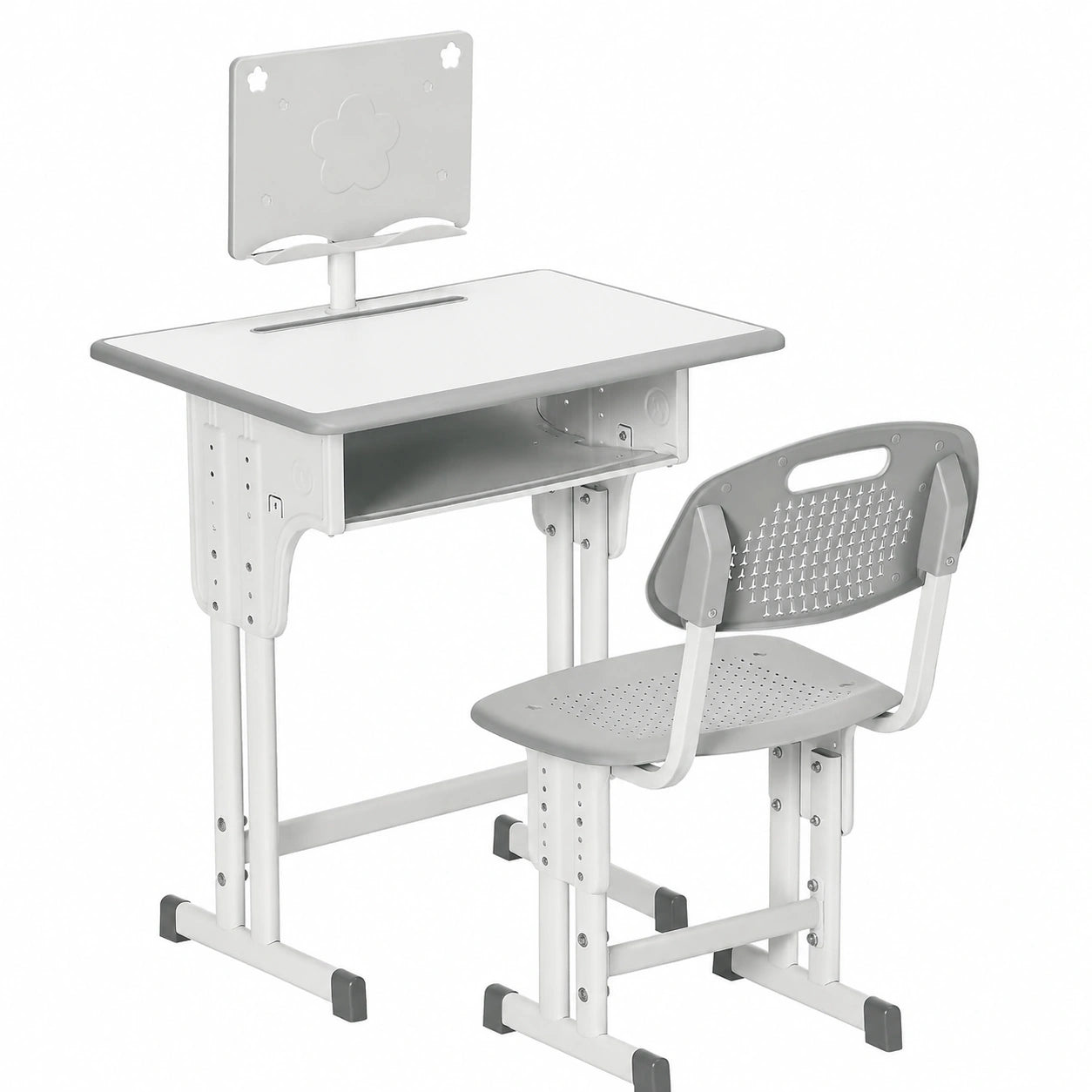 Set Scrivania e Sedia Regolabili per Bambini 6-12 Anni con Cassetto e Accessori, Colore Grigio