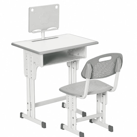 Set Scrivania e Sedia Regolabili per Bambini 6-12 Anni con Cassetto e Accessori, Colore Grigio