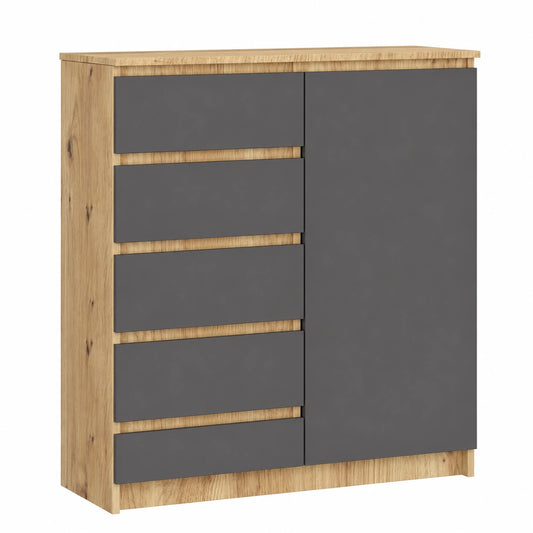 Cassettiera Moderna in Quercia e Grigio con 5 Cassetti e Porta, 80x35x97 cm