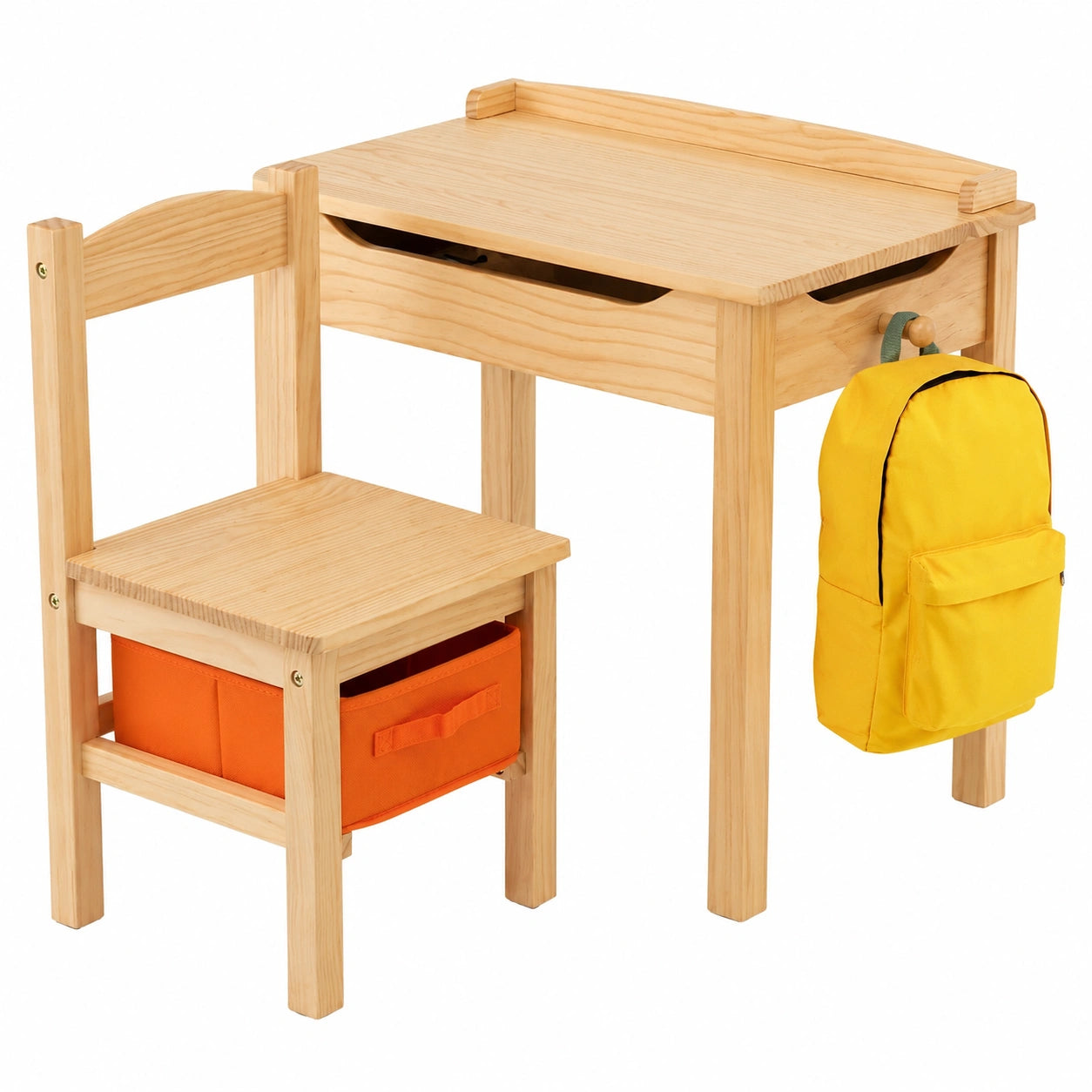 Set tavolo e sedia per bambini in legno naturale, con gancio per zaino e cassetto, massimo 70 kg, per 3+ anni