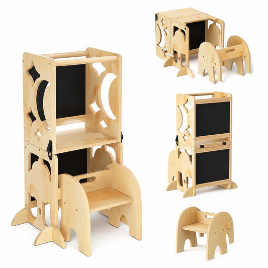 Torre Montessori 4 in 1 per Bambini con Lavagna Doppia - Scrivania e Sedia in Legno (Naturale, Classico)