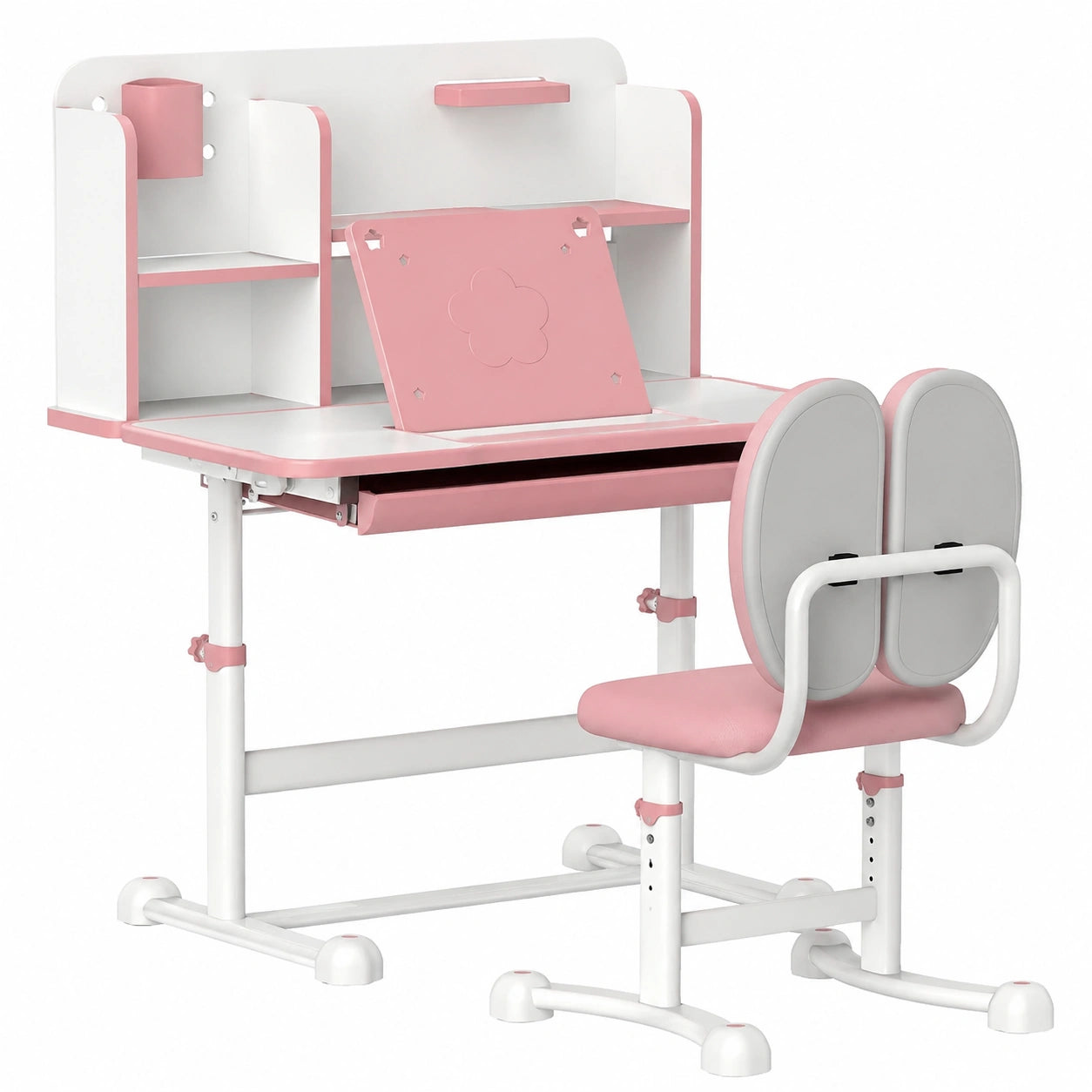 Scrivania e Sedia Regolabili Bambini 3-12 Anni con Piano Inclinabile e Accessori, Rosa