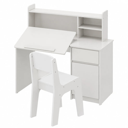 Set Scrivania per Bambini con Sedia, Piano Inclinabile e Luce a Tre Colori